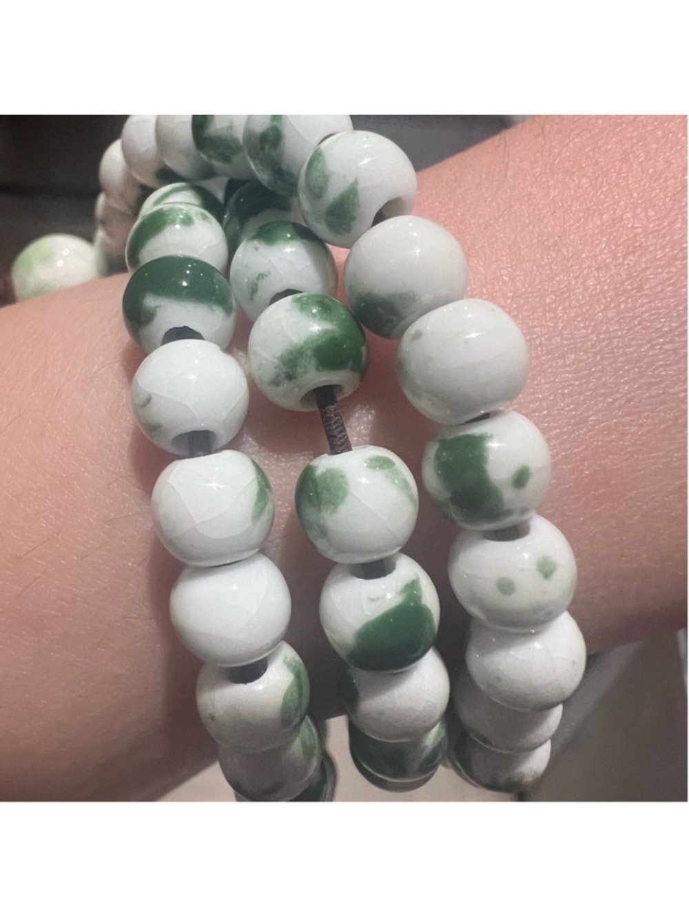 Ceramic Bead Wrap Bracelet White Green Porcelain Handmade Artisan Jewelry - Picture 4 of 5